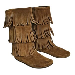 Minnetonka Moccasin Boots Dusty Brown Suede Leather 3 Tier Fringe 1638 Women's 9